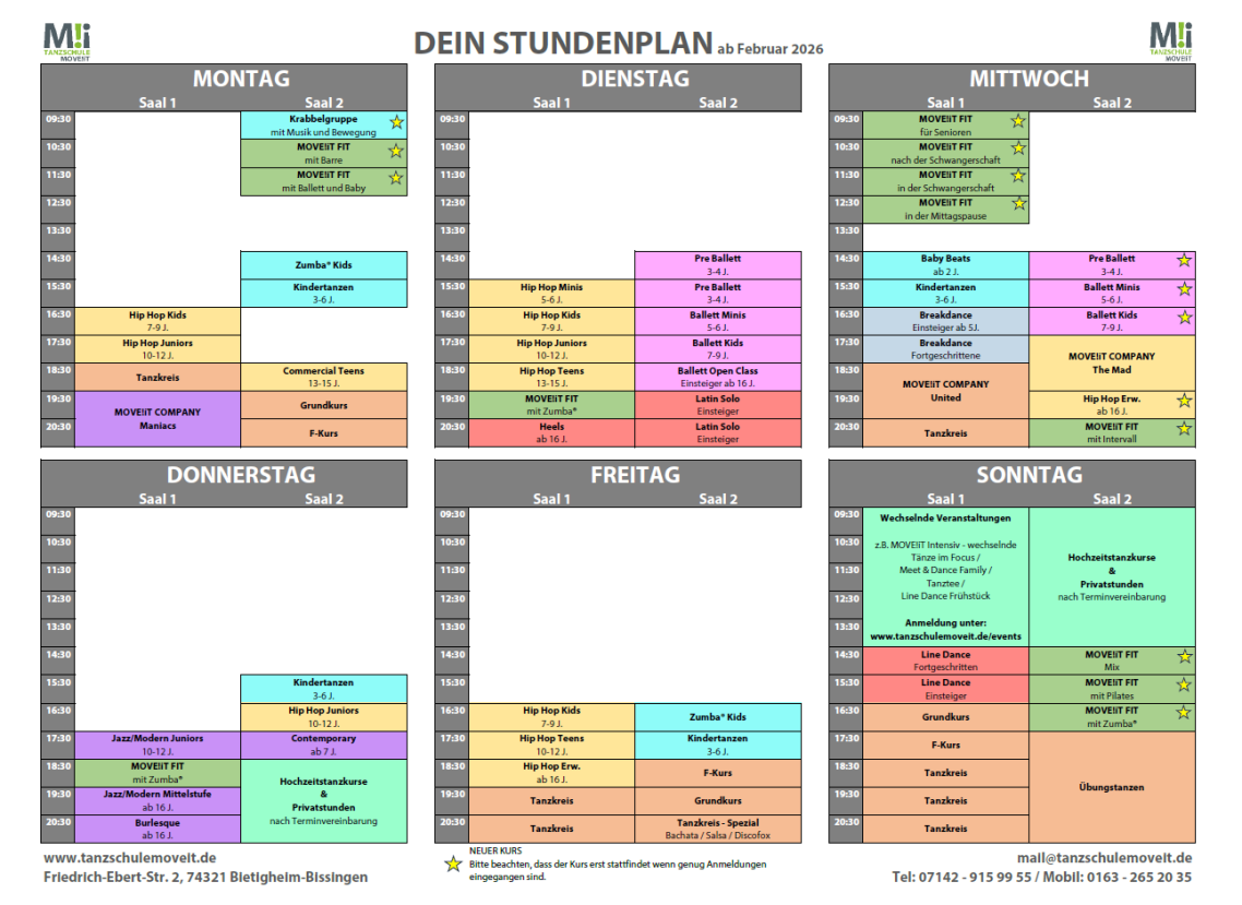 Der Studenplan deiner Tanzschule MOVE!iT Ludwigsburg, Bietigheim-Bissingen und Ingersheim